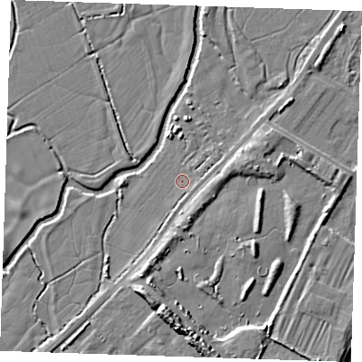 Shaded relief map of the ground around BN246BQ, computed from Environment Agency LiDAR. The ground here sits at about 3 m above sea level and falls 9 m across the surrounding 800 m. Surface water reaching this point runs off ground lying to the east, 1.2 m higher.