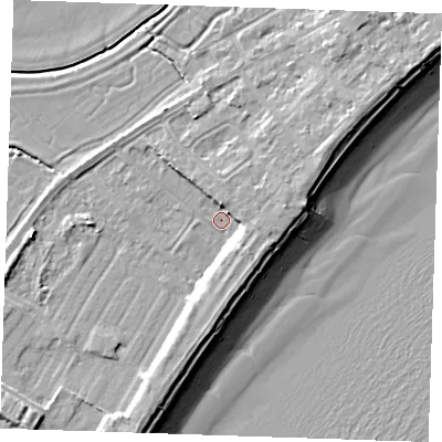 Shaded relief map of the ground around BN246BS, computed from Environment Agency LiDAR. The ground here sits at about 3 m above sea level and falls 10 m across the surrounding 800 m. Surface water reaching this point runs off ground lying to the north-west, 2.6 m higher.