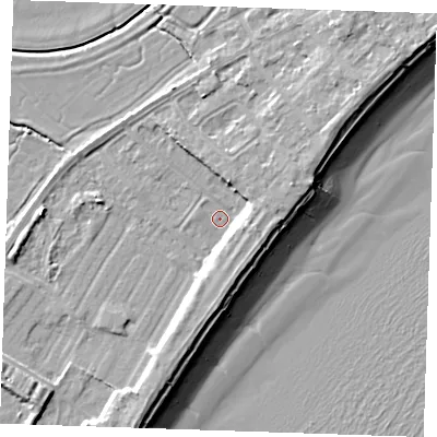 Shaded relief map of the ground around BN246BT, computed from Environment Agency LiDAR. The ground here sits at about 3 m above sea level and falls 10 m across the surrounding 800 m. Surface water reaching this point runs off ground lying to the east-north-east, 3.2 m higher.