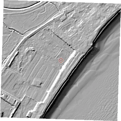 Shaded relief map of the ground around BN246BX, computed from Environment Agency LiDAR. The ground here sits at about 3 m above sea level and falls 10 m across the surrounding 800 m. Surface water reaching this point runs off ground lying to the south-south-west, 3.6 m higher.