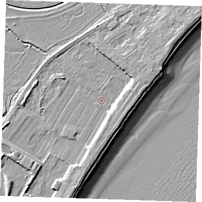 Shaded relief map of the ground around BN246BY, computed from Environment Agency LiDAR. The ground here sits at about 3 m above sea level and falls 10 m across the surrounding 800 m. Surface water reaching this point runs off ground lying to the south-south-west, 3.5 m higher.