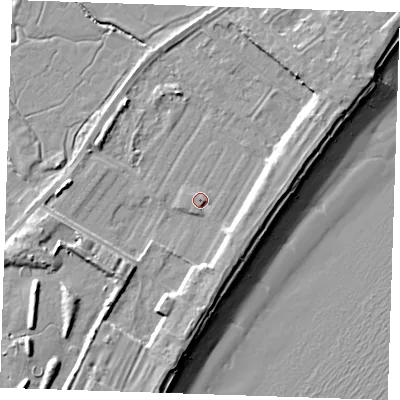 Shaded relief map of the ground around BN246DH, computed from Environment Agency LiDAR. The ground here sits at about 4 m above sea level and falls 10 m across the surrounding 800 m. Surface water reaching this point runs off ground lying to the south, 3.4 m higher.