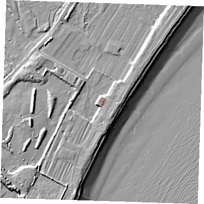 Shaded relief map of the ground around BN246DP, computed from Environment Agency LiDAR. The ground here sits at about 6 m above sea level and falls 13 m across the surrounding 800 m. Surface water reaching this point runs off ground lying to the south-east, 3.3 m higher.