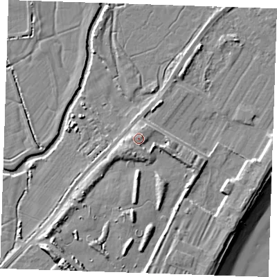 Shaded relief map of the ground around BN246DT, computed from Environment Agency LiDAR. The ground here sits at about 6 m above sea level and falls 13 m across the surrounding 800 m. Surface water reaching this point runs off ground lying to the east-north-east, 2.9 m higher.