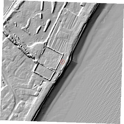 Shaded relief map of the ground around BN246DX, computed from Environment Agency LiDAR. The ground here sits at about 6 m above sea level and falls 14 m across the surrounding 800 m. Surface water reaching this point runs off ground lying to the south-south-west, 2.4 m higher.