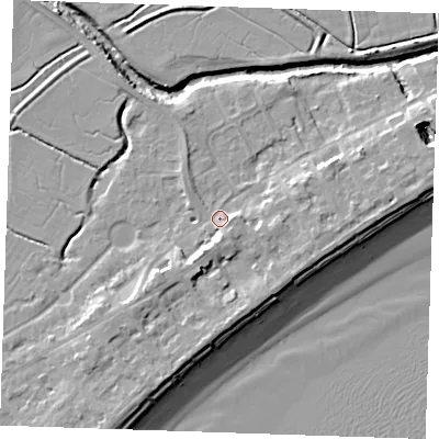 Shaded relief map of the ground around BN246ED, computed from Environment Agency LiDAR. The ground here sits at about 4 m above sea level and falls 10 m across the surrounding 800 m. Surface water reaching this point runs off ground lying to the south-east, 2.8 m higher.