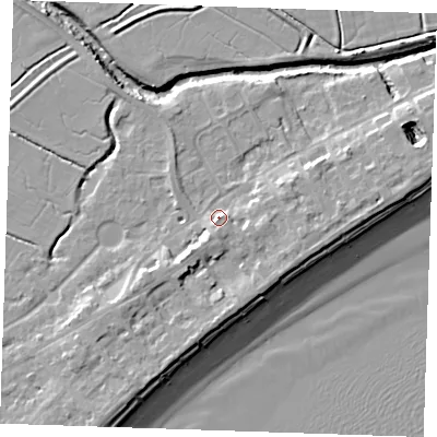 Shaded relief map of the ground around BN246EE, computed from Environment Agency LiDAR. The ground here sits at about 6 m above sea level and falls 10 m across the surrounding 800 m. Surface water reaching this point runs off ground lying to the south, 2.8 m higher.