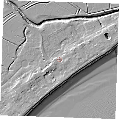 Shaded relief map of the ground around BN246EG, computed from Environment Agency LiDAR. The ground here sits at about 4 m above sea level and falls 10 m across the surrounding 800 m. Surface water reaching this point runs off ground lying to the south-west, 3.4 m higher.