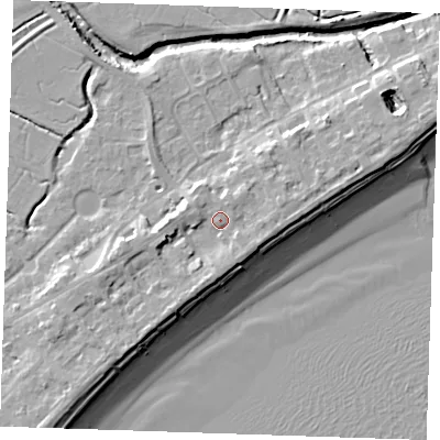 Shaded relief map of the ground around BN246EH, computed from Environment Agency LiDAR. The ground here sits at about 5 m above sea level and falls 10 m across the surrounding 800 m. Surface water reaching this point runs off ground lying to the west-south-west, 2.6 m higher.