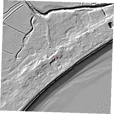 Shaded relief map of the ground around BN246EJ, computed from Environment Agency LiDAR. The ground here sits at about 5 m above sea level and falls 10 m across the surrounding 800 m. Surface water reaching this point runs off ground lying to the west-south-west, 2.8 m higher.
