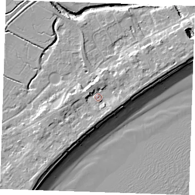 Shaded relief map of the ground around BN246EL, computed from Environment Agency LiDAR. The ground here sits at about 5 m above sea level and falls 10 m across the surrounding 800 m. Surface water reaching this point runs off ground lying to the west, 2.8 m higher.