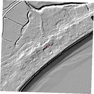 Shaded relief map of the ground around BN246EP, computed from Environment Agency LiDAR. The ground here sits at about 4 m above sea level and falls 10 m across the surrounding 800 m. Surface water reaching this point runs off ground lying to the west-south-west, 2.8 m higher.