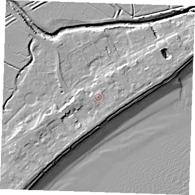 Shaded relief map of the ground around BN246EQ, computed from Environment Agency LiDAR. The ground here sits at about 6 m above sea level and falls 10 m across the surrounding 800 m. Surface water reaching this point runs off ground lying to the south-east, 0.9 m higher.