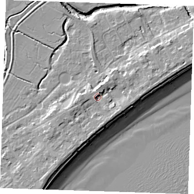 Shaded relief map of the ground around BN246EU, computed from Environment Agency LiDAR. The ground here sits at about 5 m above sea level and falls 10 m across the surrounding 800 m. Surface water reaching this point runs off ground lying to the west-south-west, 2.8 m higher.