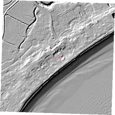 Shaded relief map of the ground around BN246EY, computed from Environment Agency LiDAR. The ground here sits at about 5 m above sea level and falls 10 m across the surrounding 800 m. Surface water reaching this point runs off ground lying to the west, 2.8 m higher.