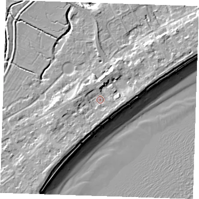Shaded relief map of the ground around BN246EZ, computed from Environment Agency LiDAR. The ground here sits at about 5 m above sea level and falls 10 m across the surrounding 800 m. Surface water reaching this point runs off ground lying to the west-north-west, 2.6 m higher.