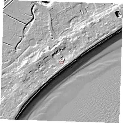 Shaded relief map of the ground around BN246HD, computed from Environment Agency LiDAR. The ground here sits at about 5 m above sea level and falls 10 m across the surrounding 800 m. Surface water reaching this point runs off ground lying to the south-south-east, 2.5 m higher.