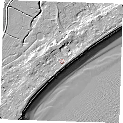 Shaded relief map of the ground around BN246HE, computed from Environment Agency LiDAR. The ground here sits at about 5 m above sea level and falls 10 m across the surrounding 800 m. Surface water reaching this point runs off ground lying to the east-south-east, 1.6 m higher.