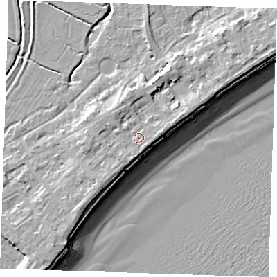 Shaded relief map of the ground around BN246HF, computed from Environment Agency LiDAR. The ground here sits at about 5 m above sea level and falls 10 m across the surrounding 800 m. Surface water reaching this point runs off ground lying to the south-east, 1.4 m higher.