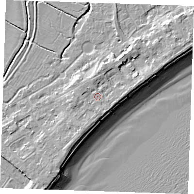Shaded relief map of the ground around BN246HG, computed from Environment Agency LiDAR. The ground here sits at about 6 m above sea level and falls 10 m across the surrounding 800 m. Surface water reaching this point runs off ground lying to the south-south-east, 1.3 m higher.