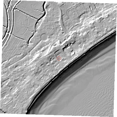 Shaded relief map of the ground around BN246HH, computed from Environment Agency LiDAR. The ground here sits at about 5 m above sea level and falls 10 m across the surrounding 800 m. Surface water reaching this point runs off ground lying to the west, 1.7 m higher.