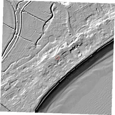 Shaded relief map of the ground around BN246HL, computed from Environment Agency LiDAR. The ground here sits at about 6 m above sea level and falls 10 m across the surrounding 800 m. Surface water reaching this point runs off ground lying to the west-south-west, 1.6 m higher.