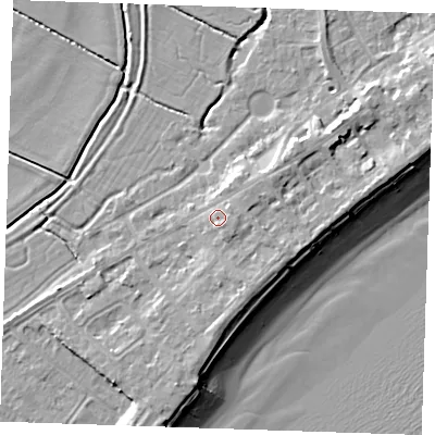 Shaded relief map of the ground around BN246HP, computed from Environment Agency LiDAR. The ground here sits at about 5 m above sea level and falls 10 m across the surrounding 800 m. Surface water reaching this point runs off ground lying to the north-east, 1.8 m higher.