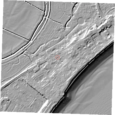 Shaded relief map of the ground around BN246HR, computed from Environment Agency LiDAR. The ground here sits at about 4 m above sea level and falls 10 m across the surrounding 800 m. Surface water reaching this point runs off ground lying to the east, 2.8 m higher.