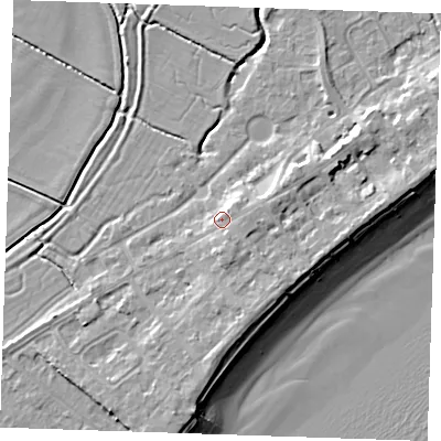 Shaded relief map of the ground around BN246HS, computed from Environment Agency LiDAR. The ground here sits at about 5 m above sea level and falls 10 m across the surrounding 800 m. Surface water reaching this point runs off ground lying to the east-north-east, 1.5 m higher.