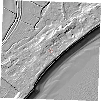 Shaded relief map of the ground around BN246HT, computed from Environment Agency LiDAR. The ground here sits at about 5 m above sea level and falls 10 m across the surrounding 800 m. Surface water reaching this point runs off ground lying to the south-east, 1.3 m higher.