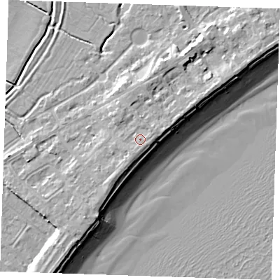 Shaded relief map of the ground around BN246HX, computed from Environment Agency LiDAR. The ground here sits at about 6 m above sea level and falls 10 m across the surrounding 800 m. Surface water reaching this point runs off ground lying to the east-north-east, 1.0 m higher.