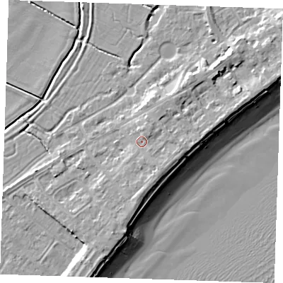 Shaded relief map of the ground around BN246JA, computed from Environment Agency LiDAR. The ground here sits at about 5 m above sea level and falls 10 m across the surrounding 800 m. Surface water reaching this point runs off ground lying to the east-south-east, 1.7 m higher.