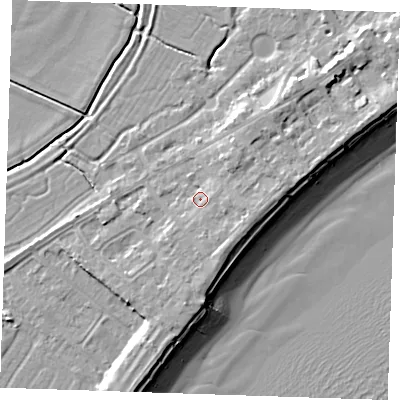 Shaded relief map of the ground around BN246JB, computed from Environment Agency LiDAR. The ground here sits at about 5 m above sea level and falls 10 m across the surrounding 800 m. Surface water reaching this point runs off ground lying to the south-east, 1.4 m higher.