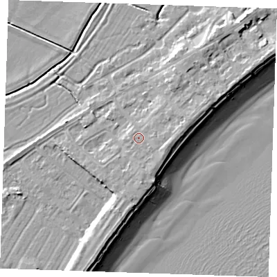 Shaded relief map of the ground around BN246JD, computed from Environment Agency LiDAR. The ground here sits at about 5 m above sea level and falls 10 m across the surrounding 800 m. Surface water reaching this point runs off ground lying to the east, 1.2 m higher.