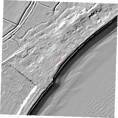 Shaded relief map of the ground around BN246JE, computed from Environment Agency LiDAR. The ground here sits at about 6 m above sea level and falls 10 m across the surrounding 800 m. Surface water reaching this point runs off ground lying to the south-east, 0.9 m higher.