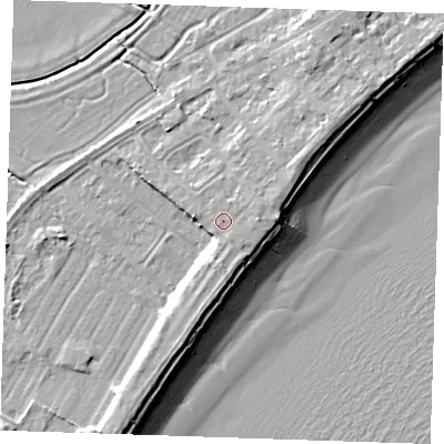 Shaded relief map of the ground around BN246JF, computed from Environment Agency LiDAR. The ground here sits at about 5 m above sea level and falls 10 m across the surrounding 800 m. Surface water reaching this point runs off ground lying to the east, 0.8 m higher.
