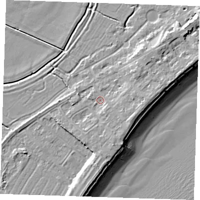 Shaded relief map of the ground around BN246JH, computed from Environment Agency LiDAR. The ground here sits at about 4 m above sea level and falls 10 m across the surrounding 800 m. Surface water reaching this point runs off ground lying to the east-south-east, 2.2 m higher.