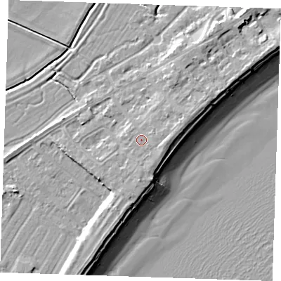 Shaded relief map of the ground around BN246JL, computed from Environment Agency LiDAR. The ground here sits at about 5 m above sea level and falls 10 m across the surrounding 800 m. Surface water reaching this point runs off ground lying to the east-north-east, 1.1 m higher.