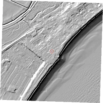 Shaded relief map of the ground around BN246JQ, computed from Environment Agency LiDAR. The ground here sits at about 5 m above sea level and falls 10 m across the surrounding 800 m. Surface water reaching this point runs off ground lying to the north-east, 1.2 m higher.