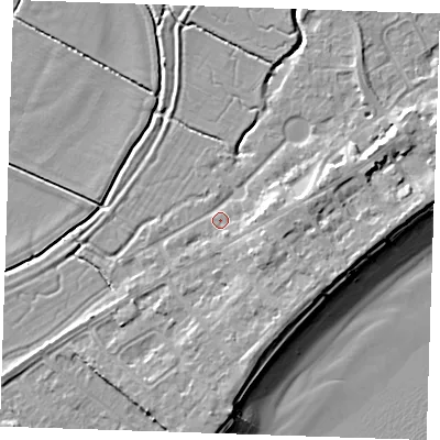 Shaded relief map of the ground around BN246JX, computed from Environment Agency LiDAR. The ground here sits at about 3 m above sea level and falls 10 m across the surrounding 800 m. Surface water reaching this point runs off ground lying to the south-south-east, 3.9 m higher.