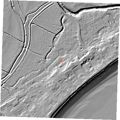 Shaded relief map of the ground around BN246JZ, computed from Environment Agency LiDAR. The ground here sits at about 3 m above sea level and falls 10 m across the surrounding 800 m. Surface water reaching this point runs off ground lying to the south-east, 3.8 m higher.