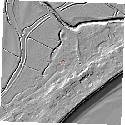 Shaded relief map of the ground around BN246LA, computed from Environment Agency LiDAR. The ground here sits at about 3 m above sea level and falls 10 m across the surrounding 800 m. Surface water reaching this point runs off ground lying to the south, 4.4 m higher.