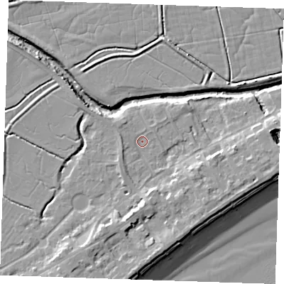 Shaded relief map of the ground around BN246LB, computed from Environment Agency LiDAR. The ground here sits at about 2 m above sea level and falls 10 m across the surrounding 800 m. Surface water reaching this point runs off ground lying to the south-south-west, 4.8 m higher.