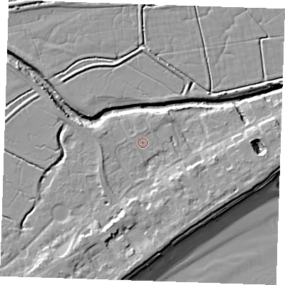 Shaded relief map of the ground around BN246LD, computed from Environment Agency LiDAR. The ground here sits at about 3 m above sea level and falls 10 m across the surrounding 800 m. Surface water reaching this point runs off ground lying to the south-south-west, 4.8 m higher.
