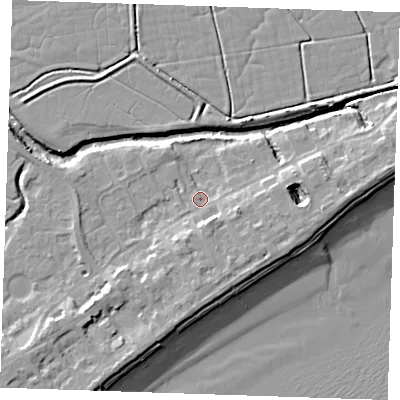 Shaded relief map of the ground around BN246LP, computed from Environment Agency LiDAR. The ground here sits at about 3 m above sea level and falls 10 m across the surrounding 800 m. Surface water reaching this point runs off ground lying to the south-south-east, 4.4 m higher.