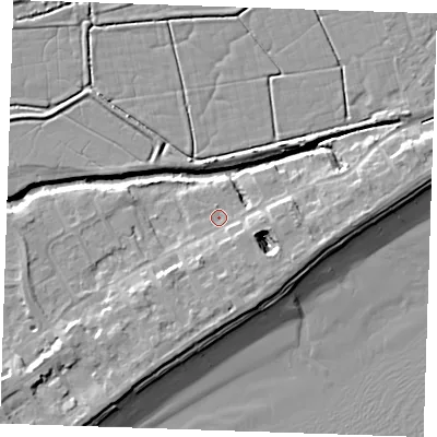 Shaded relief map of the ground around BN246LR, computed from Environment Agency LiDAR. The ground here sits at about 3 m above sea level and falls 10 m across the surrounding 800 m. Surface water reaching this point runs off ground lying to the south-south-east, 3.6 m higher.