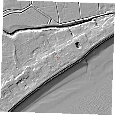 Shaded relief map of the ground around BN246LU, computed from Environment Agency LiDAR. The ground here sits at about 5 m above sea level and falls 10 m across the surrounding 800 m. Surface water reaching this point runs off ground lying to the south-south-east, 1.3 m higher.