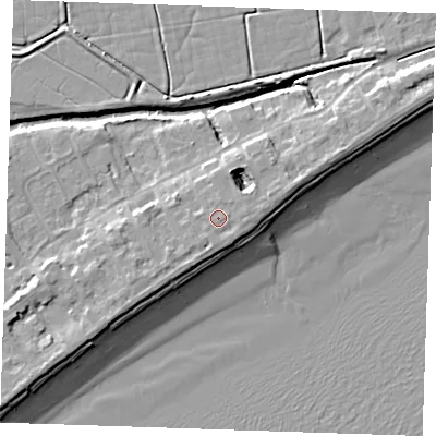 Shaded relief map of the ground around BN246LX, computed from Environment Agency LiDAR. The ground here sits at about 6 m above sea level and falls 10 m across the surrounding 800 m. Surface water reaching this point runs off ground lying to the south, 0.8 m higher.