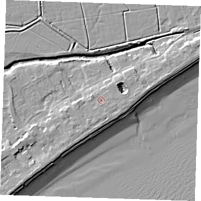 Shaded relief map of the ground around BN246LY, computed from Environment Agency LiDAR. The ground here sits at about 5 m above sea level and falls 10 m across the surrounding 800 m. Surface water reaching this point runs off ground lying to the south, 1.1 m higher.