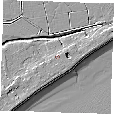 Shaded relief map of the ground around BN246LZ, computed from Environment Agency LiDAR. The ground here sits at about 5 m above sea level and falls 10 m across the surrounding 800 m. Surface water reaching this point runs off ground lying to the south-south-east, 2.4 m higher.
